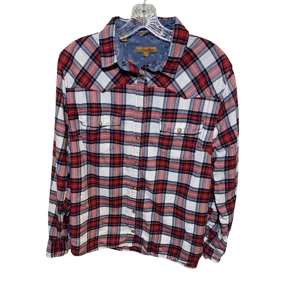 Jacks Girlfriend Mens XL Red Plaid Pearl Snap Western Flannel Shirt Paisley Trim
